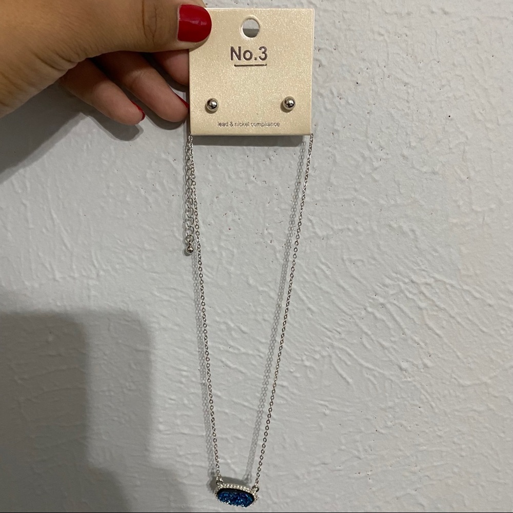 Silver and Blue Druzy Necklace with studs